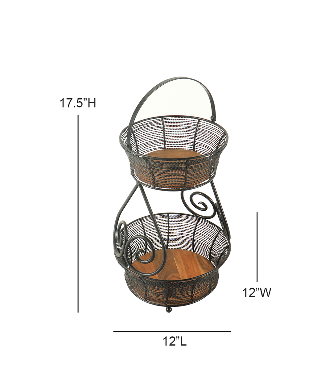Ireka Homes Swirl Basket – Handcrafted Acacia Wood & Metal Storage Basket – Sturdy 2-Tier Organizer for Fruits, Vegetables & Kitchen Essentials
