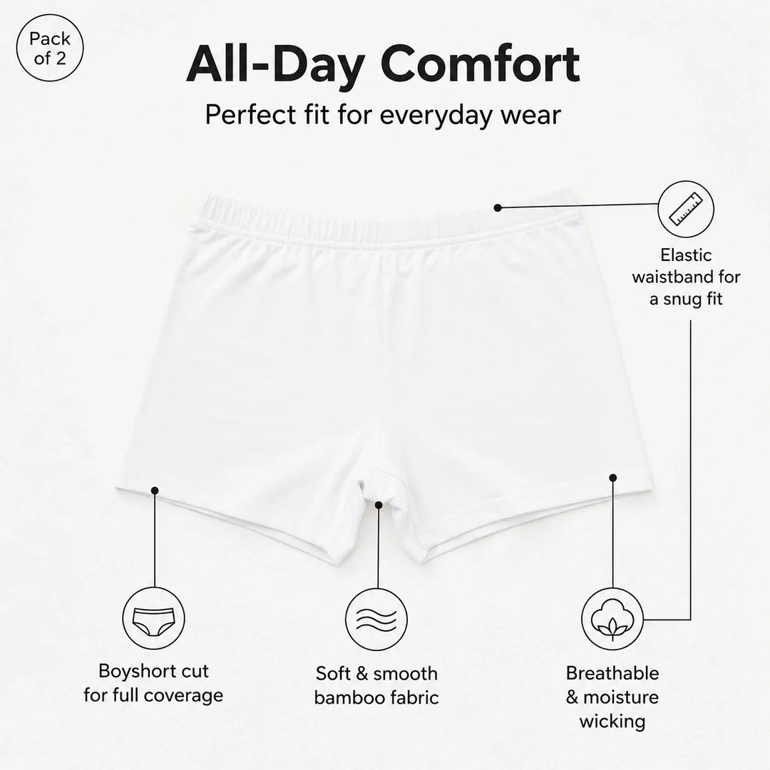 Women Bamboo Fabric Boyshort Panty White | Mid Rise Soft Breathable Anti-Chafing Innerwear | Pack Of 2
