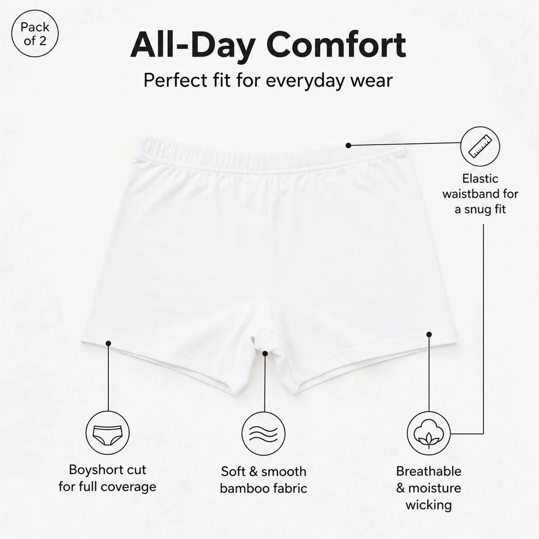 Women Bamboo Fabric Women Boy Short White | Mid Rise Soft Breathable | Pack Of 2
