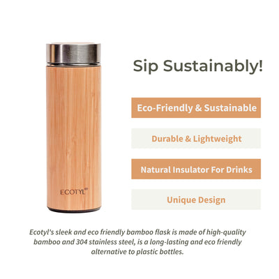 Ecotyl Bamboo Stainless Steel Insulated Flask With Strainer - 450 ml