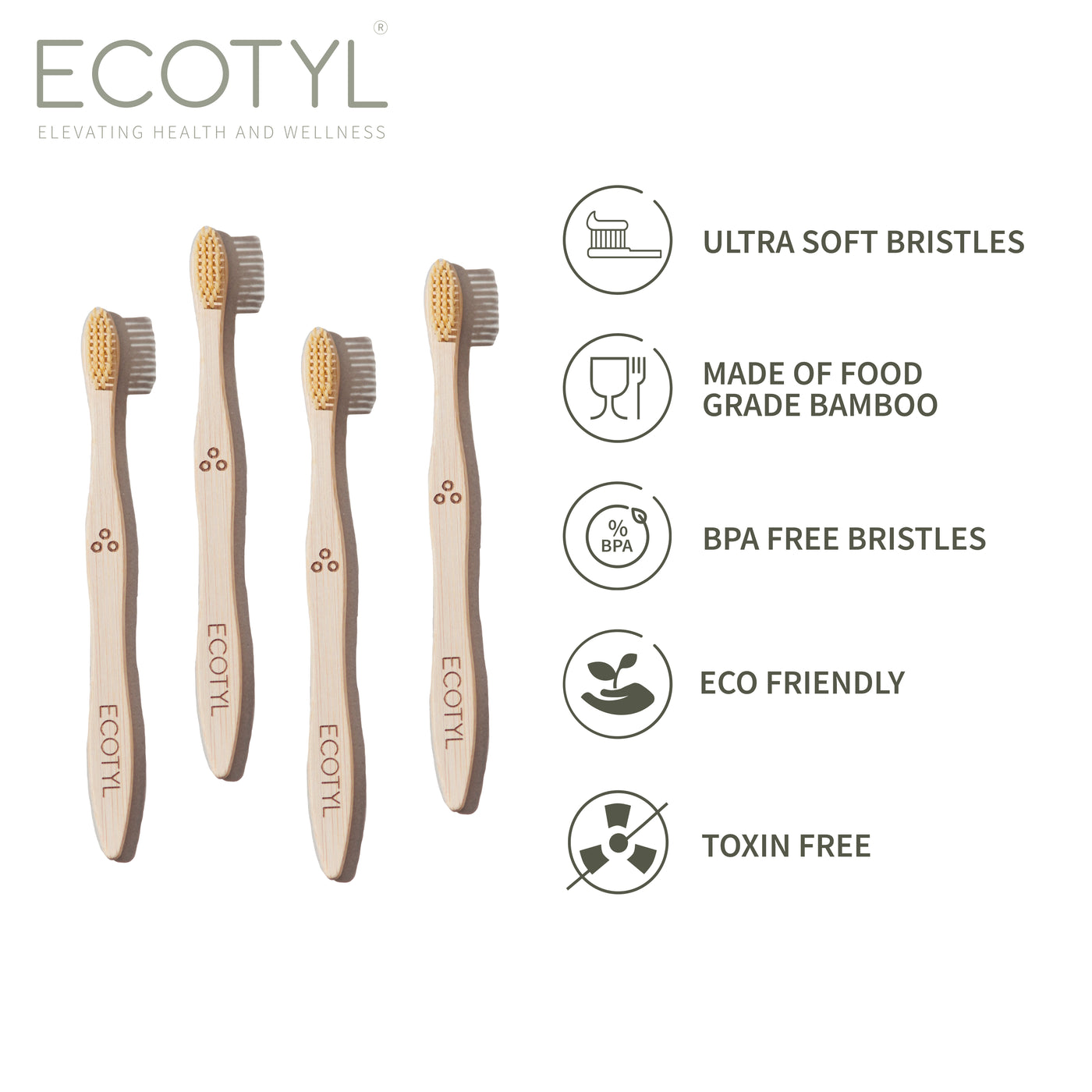 Ecotyl Bamboo Tooth Brush | Ultra Soft Bristles | Thorough Cleaning | Set of 4