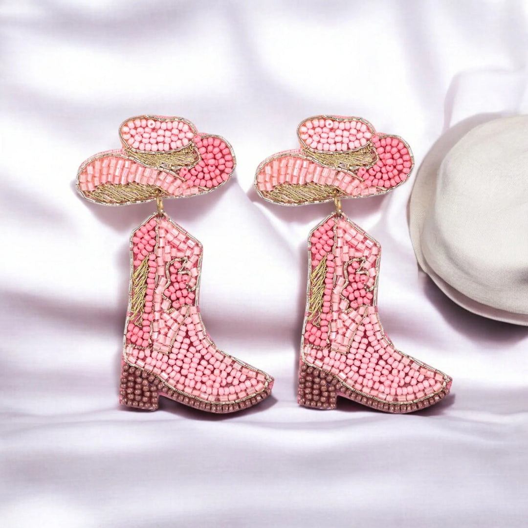 Bamboology Trends Pink Beaded Cowboy Boot and Hat Statement Earrings