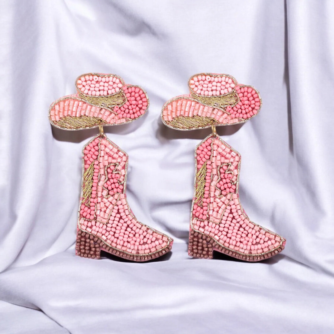 Bamboology Trends Pink Beaded Cowboy Boot and Hat Statement Earrings