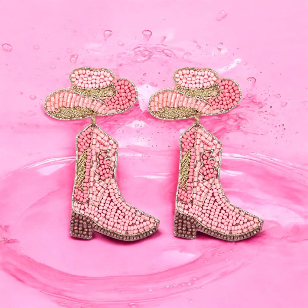 Bamboology Trends Pink Beaded Cowboy Boot and Hat Statement Earrings