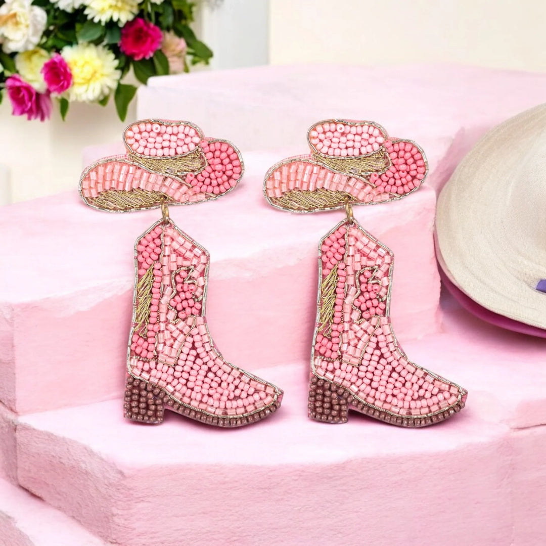 Bamboology Trends Pink Beaded Cowboy Boot and Hat Statement Earrings