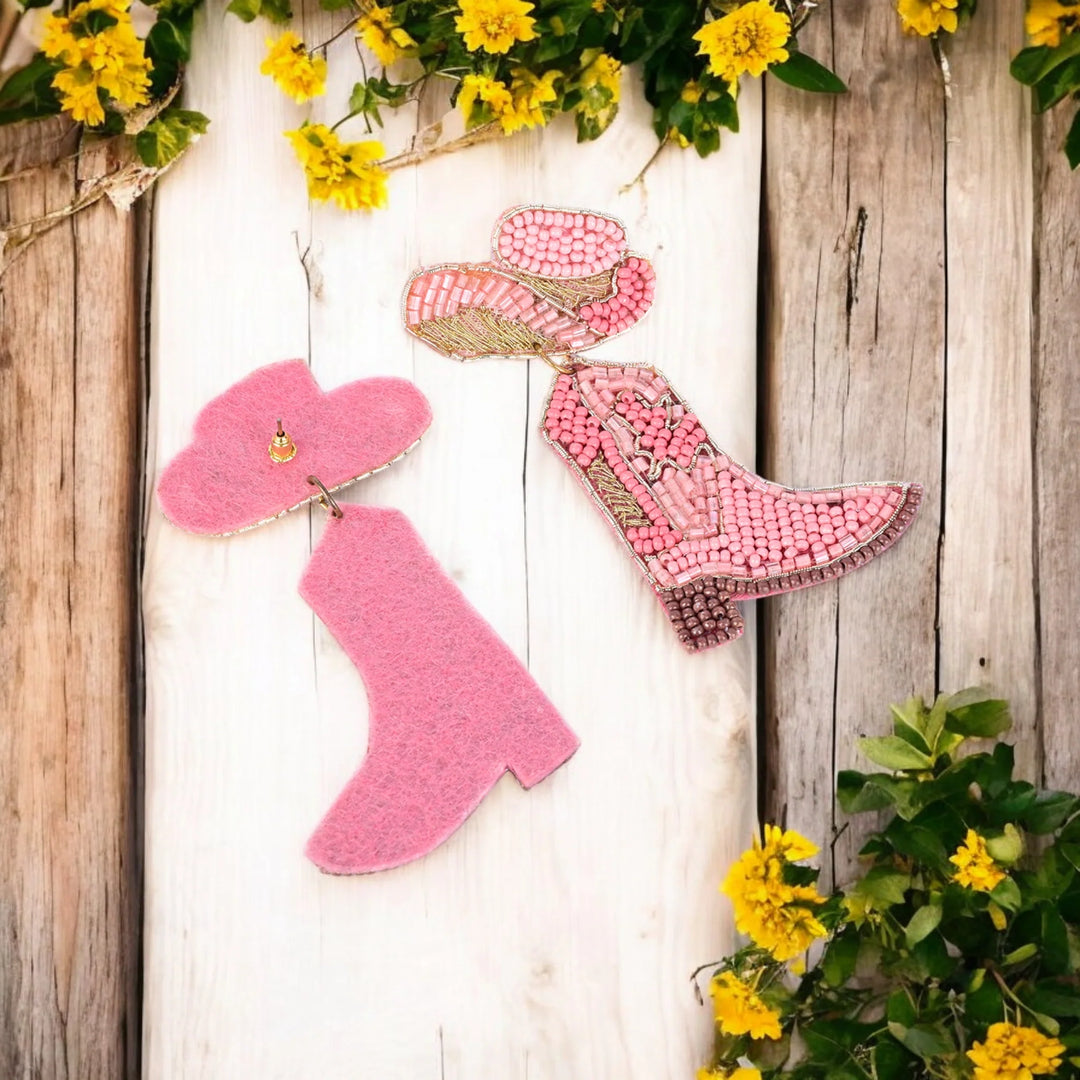 Bamboology Trends Pink Beaded Cowboy Boot and Hat Statement Earrings