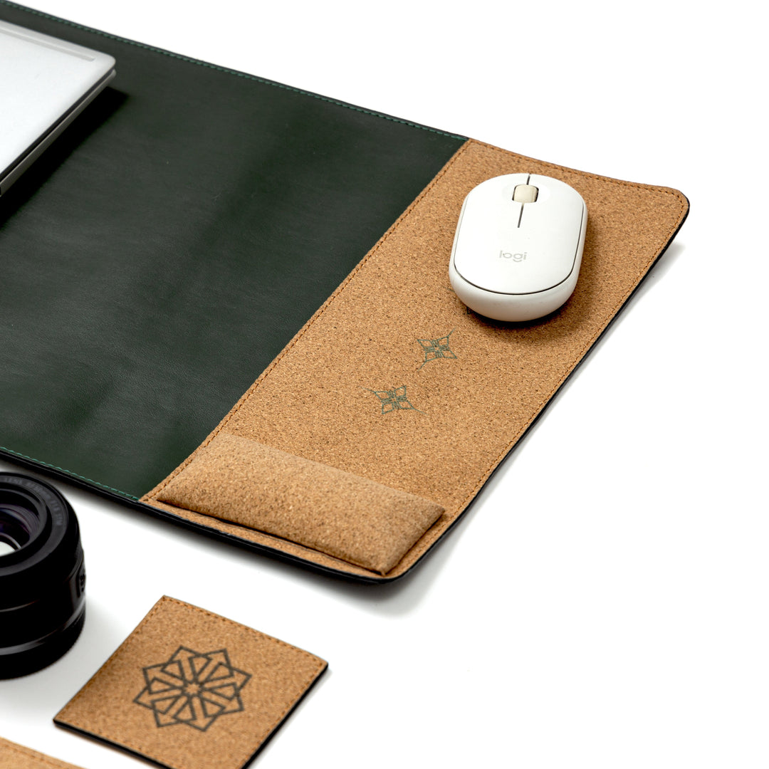 Basil plant leather desk mat with cork mouse pad and coaster from Green Hermitage office desk set