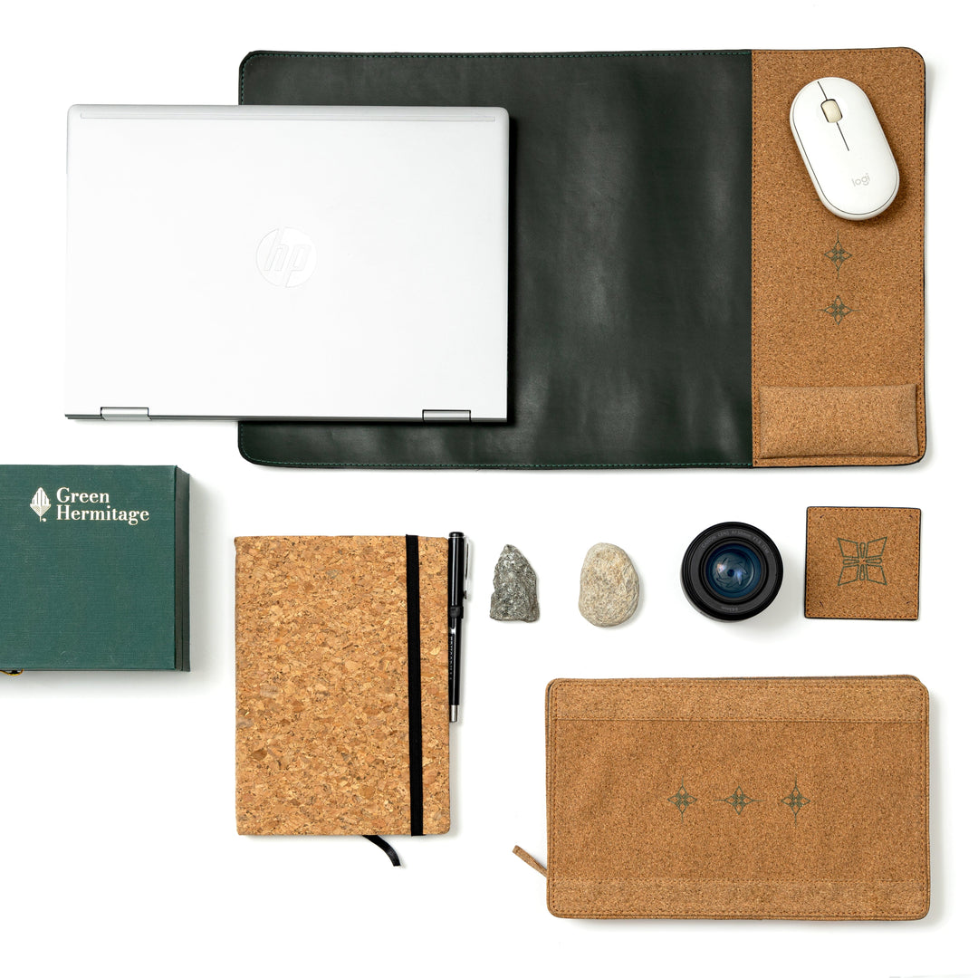 Basil office desk set by Green Hermitage including plant leather desk mat cork diary coaster and tech organiser