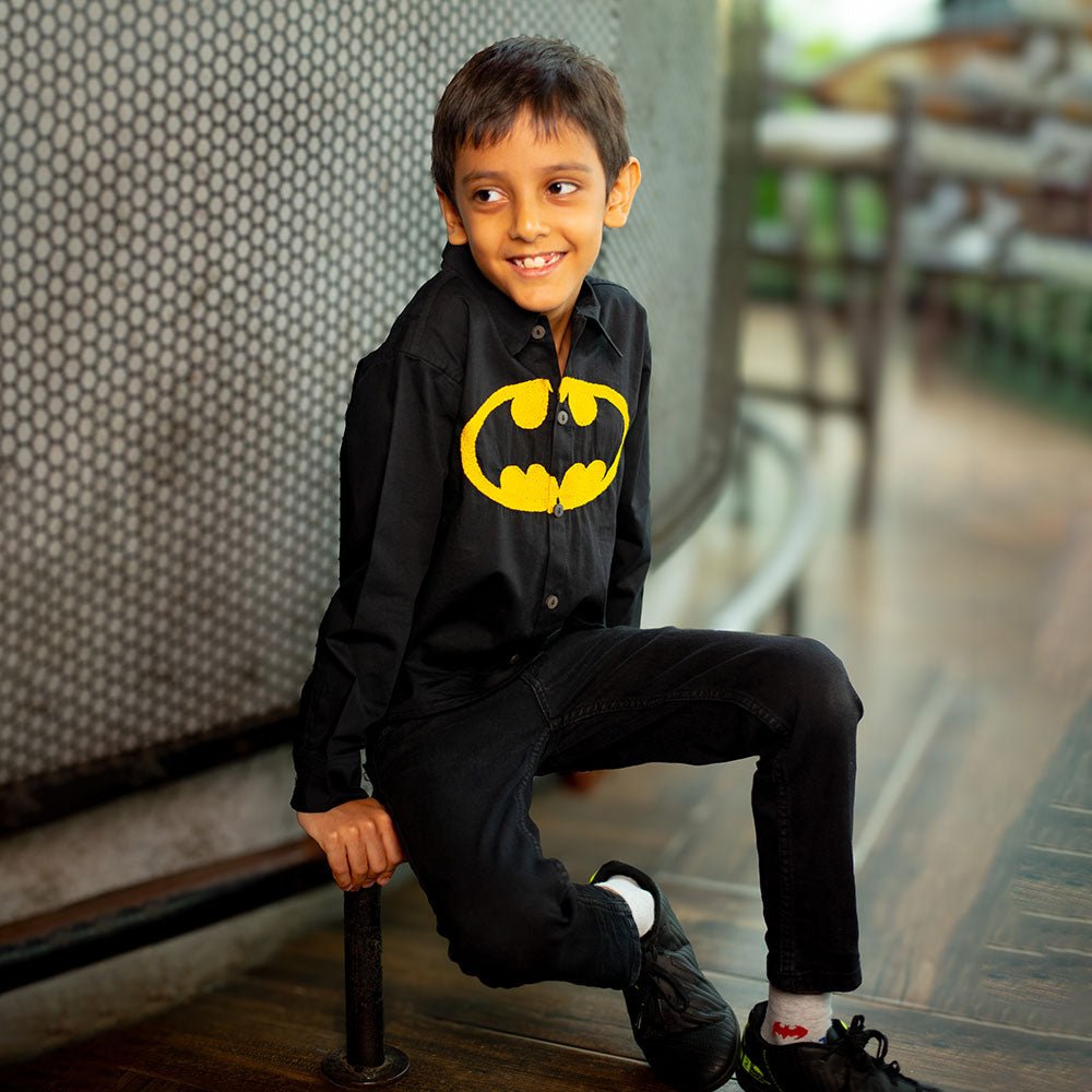 Bat Superhero Chest Icon Embroidered Organic Cotton Shirt - Black - Suspire