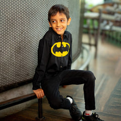 Bat Superhero Chest Icon Embroidered Organic Cotton Shirt - Black