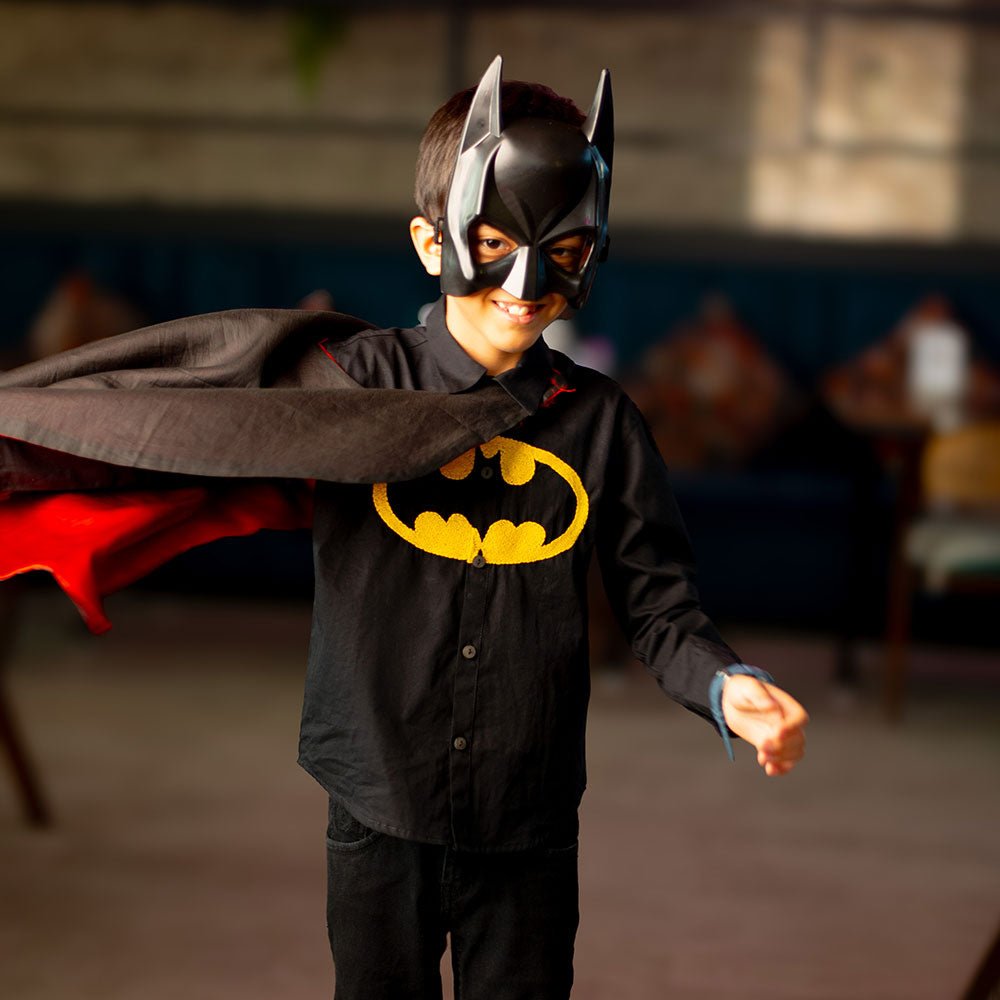 Bat Superhero Chest Icon Embroidered Organic Cotton Shirt - Black - Suspire