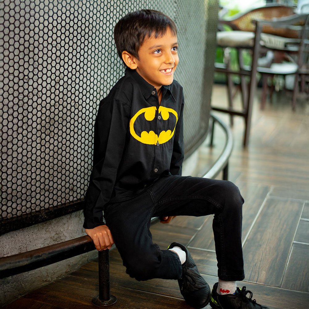 Bat Superhero Chest Icon Embroidered Organic Cotton Shirt - Black - Suspire