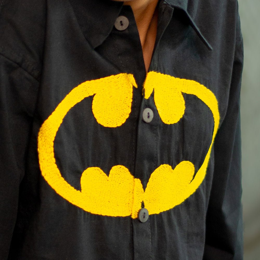 Bat Superhero Chest Icon Embroidered Organic Cotton Shirt - Black - Suspire