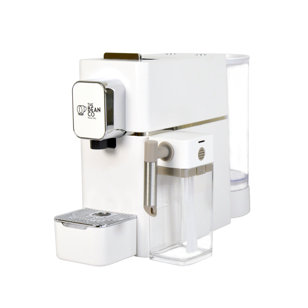The Bean Co Roasters Coffee Capsule Machine with a milk tank attachment | Espresso Coffee Maker | 19 Bar Pressure | | Compatible with Nespresso Pods