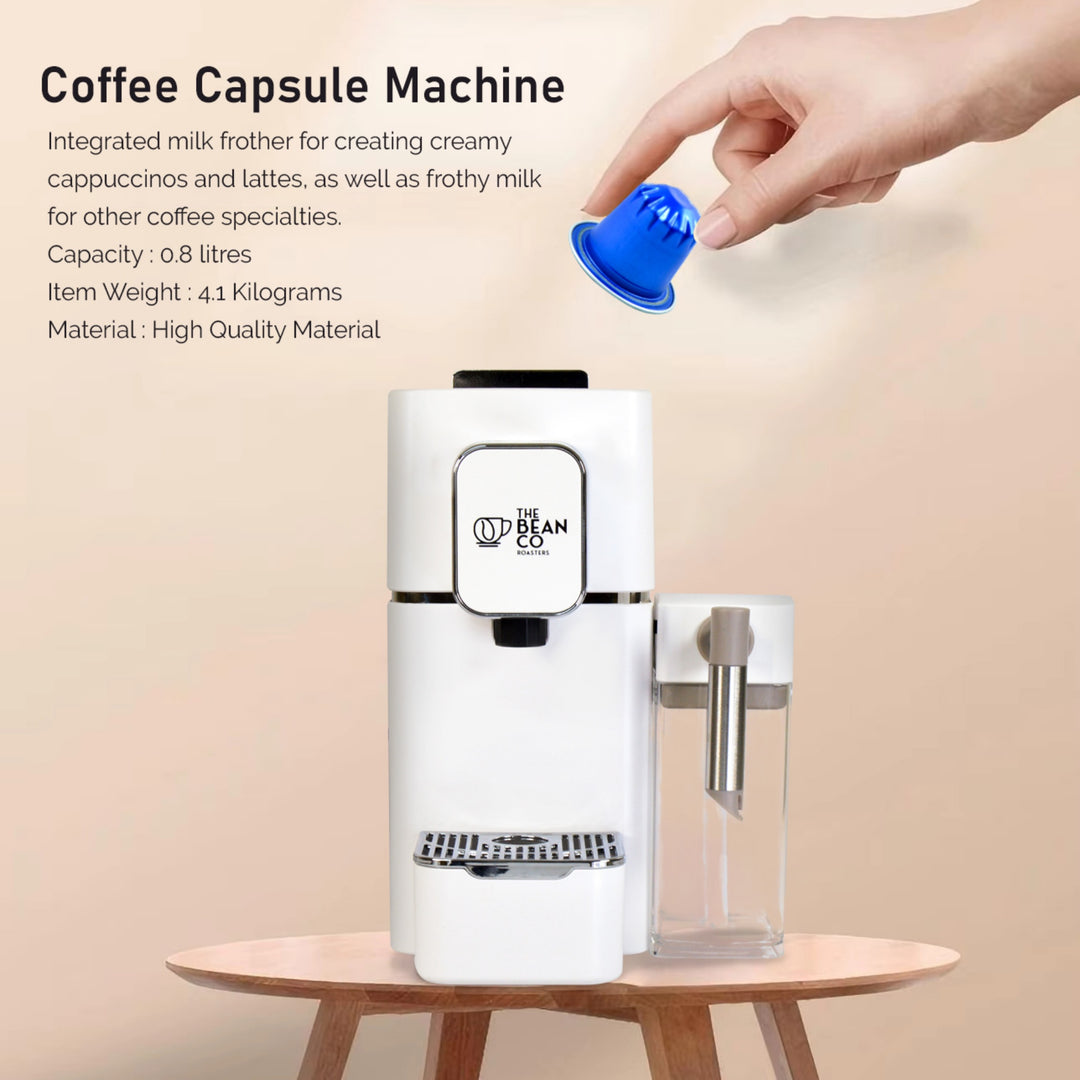 The Bean Co Roasters Coffee Capsule Machine with a milk tank attachment | Espresso Coffee Maker | 19 Bar Pressure | | Compatible with Nespresso Pods