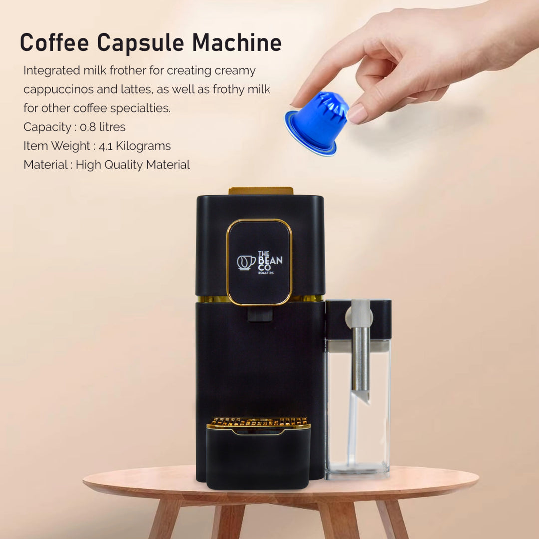 The Bean Co Roasters Coffee Capsule Machine with a milk tank attachment | Espresso Coffee Maker | 19 Bar Pressure | | Compatible with Nespresso Pods