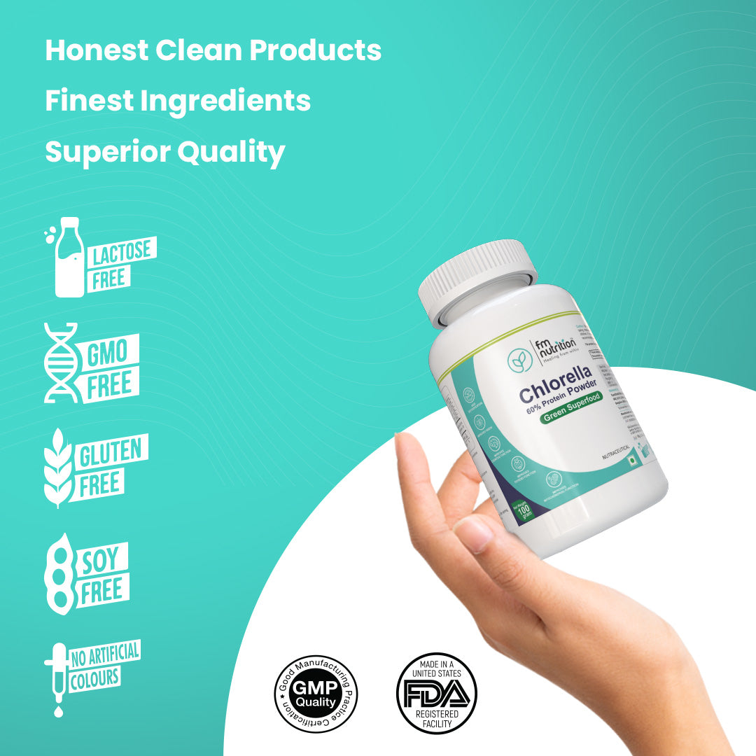 FM Nutrition Chlorella I Natural Binder I Plant protein I Heavy Metal Detox I Rich in Omega 3 I Mitochondrial Health Booster I Vegan I Non-GMO I 100gm powder 