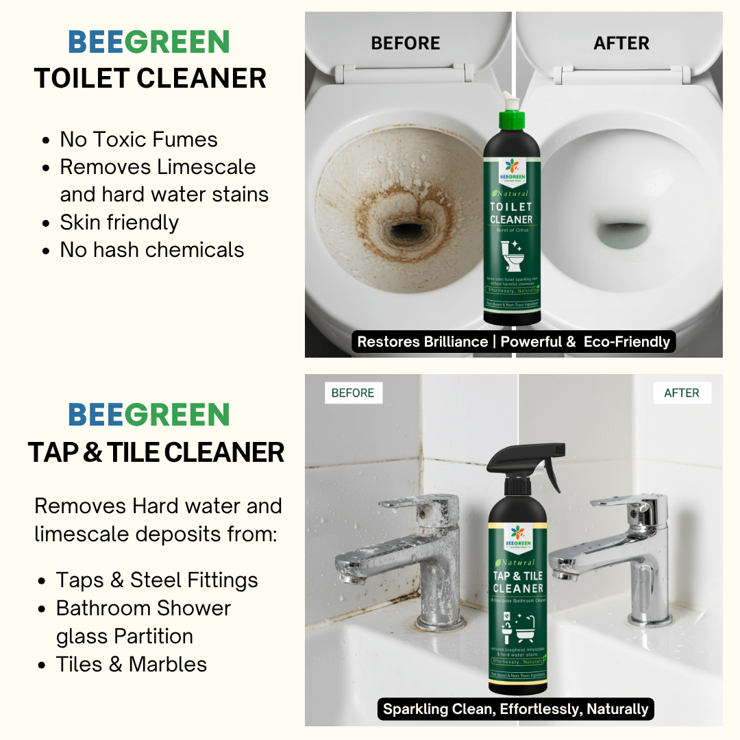 BeeGreen Bathroom Cleaning Kit | Natural Tap & Tile Cleaner, Toilet Cleaner & Hand Wash | Non - Toxic, Plant - Based & Eco - Friendly | Gentle on Skin, Tough on Stains | Bathroom Essentials Combo - Suspire