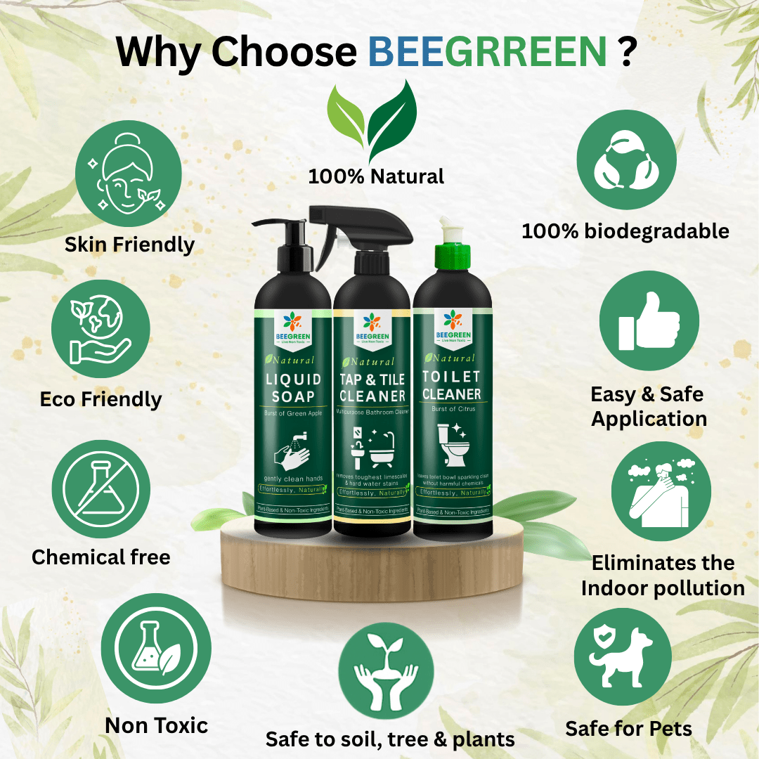 BeeGreen Bathroom Cleaning Kit | Natural Tap & Tile Cleaner, Toilet Cleaner & Hand Wash | Non - Toxic, Plant - Based & Eco - Friendly | Gentle on Skin, Tough on Stains | Bathroom Essentials Combo - Suspire