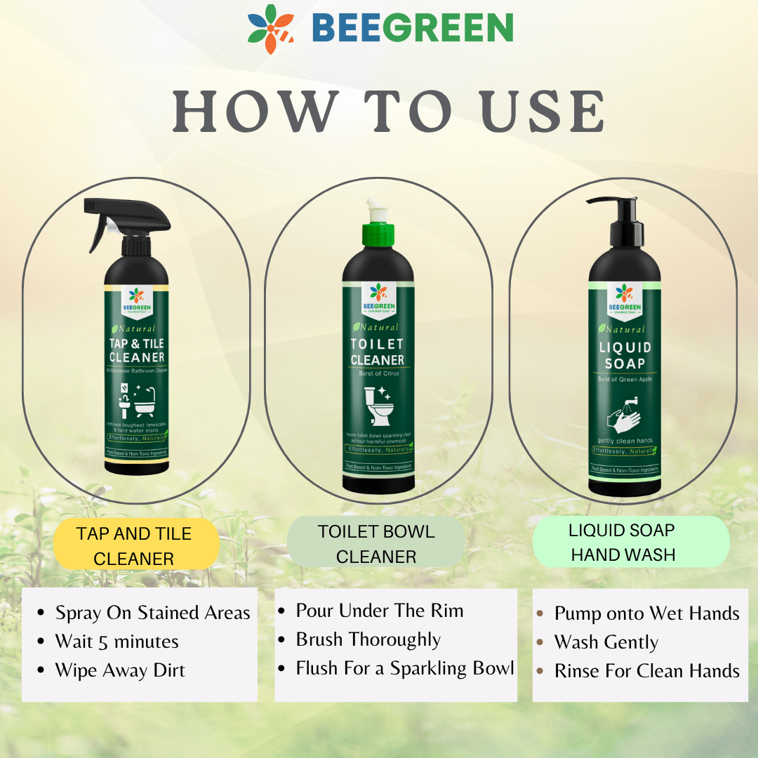 BeeGreen Bathroom Cleaning Kit | Natural Tap & Tile Cleaner, Toilet Cleaner & Hand Wash | Non - Toxic, Plant - Based & Eco - Friendly | Gentle on Skin, Tough on Stains | Bathroom Essentials Combo - Suspire
