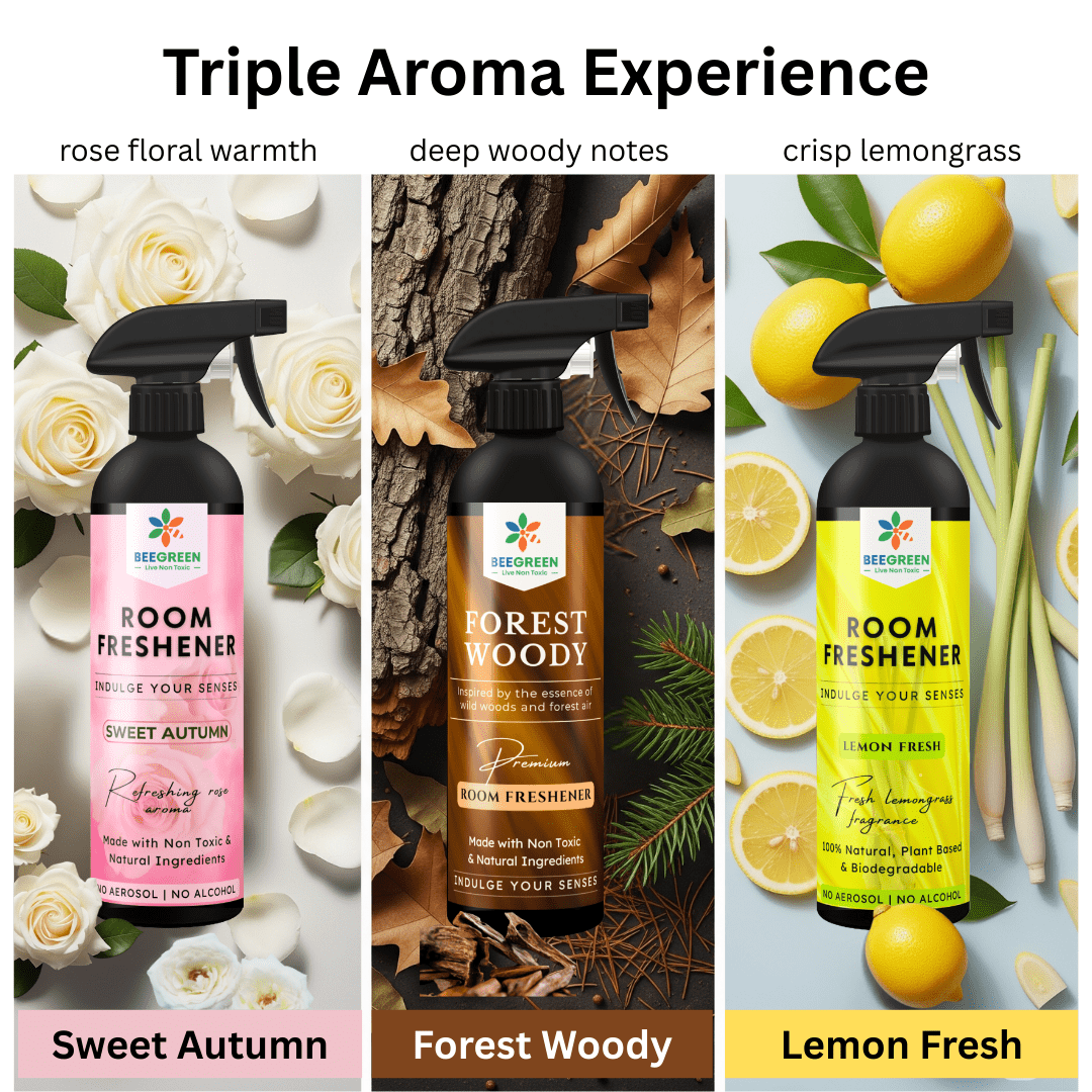 BeeGreen Room Freshener Spray pack of 3 ( 500ml Each), Natural, Plant Based Ingredients, Essential Oils based, Irritant - Free, chemical free - Suspire