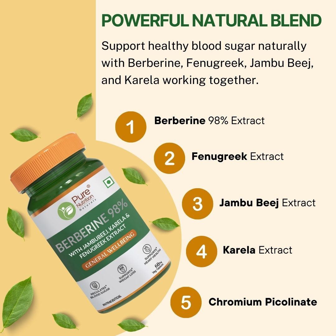 Pure Nutrition BERBERINE 98% supplement with Jamubeej, Karela, Fenugreek extract -Helps in weight management, Balance sugar level & Support Heart Health - 60 Veg tablet