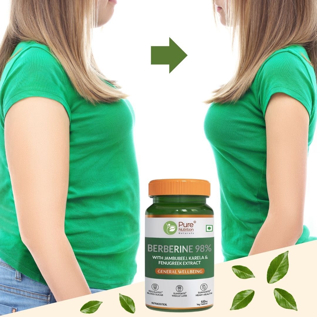 Pure Nutrition BERBERINE 98% supplement with Jamubeej, Karela, Fenugreek extract -Helps in weight management, Balance sugar level & Support Heart Health - 60 Veg tablet
