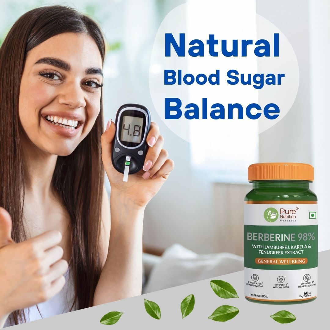 Pure Nutrition BERBERINE 98% supplement with Jamubeej, Karela, Fenugreek extract -Helps in weight management, Balance sugar level & Support Heart Health - 60 Veg tablet