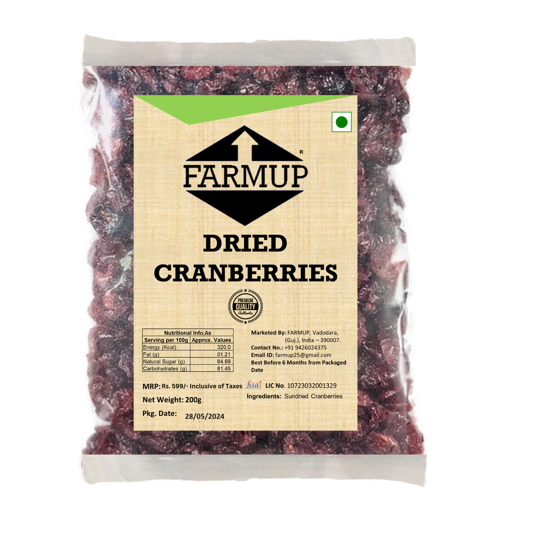 FARMUP Dried Cranberries, Unsweetened, Raw, Sundried, 200 grams