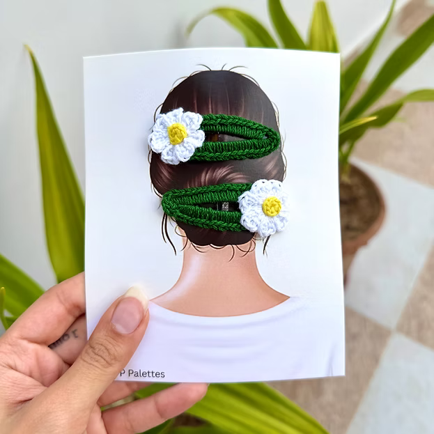 P Palettes Handmade Crochet Daisy Fern Clips – Green Floral Hair Accessories for Women & Girls (Set of 2)