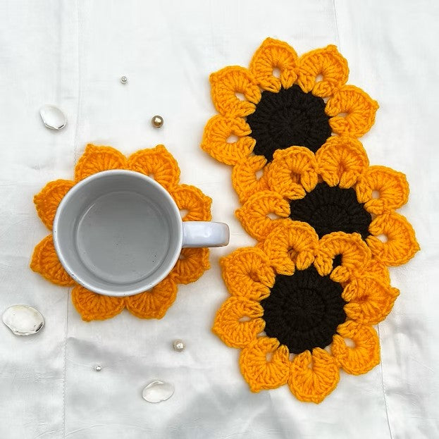 P Palettes Handmade Crochet Sunflower Coaster – Cute Floral Drink Coaster for Home Decor