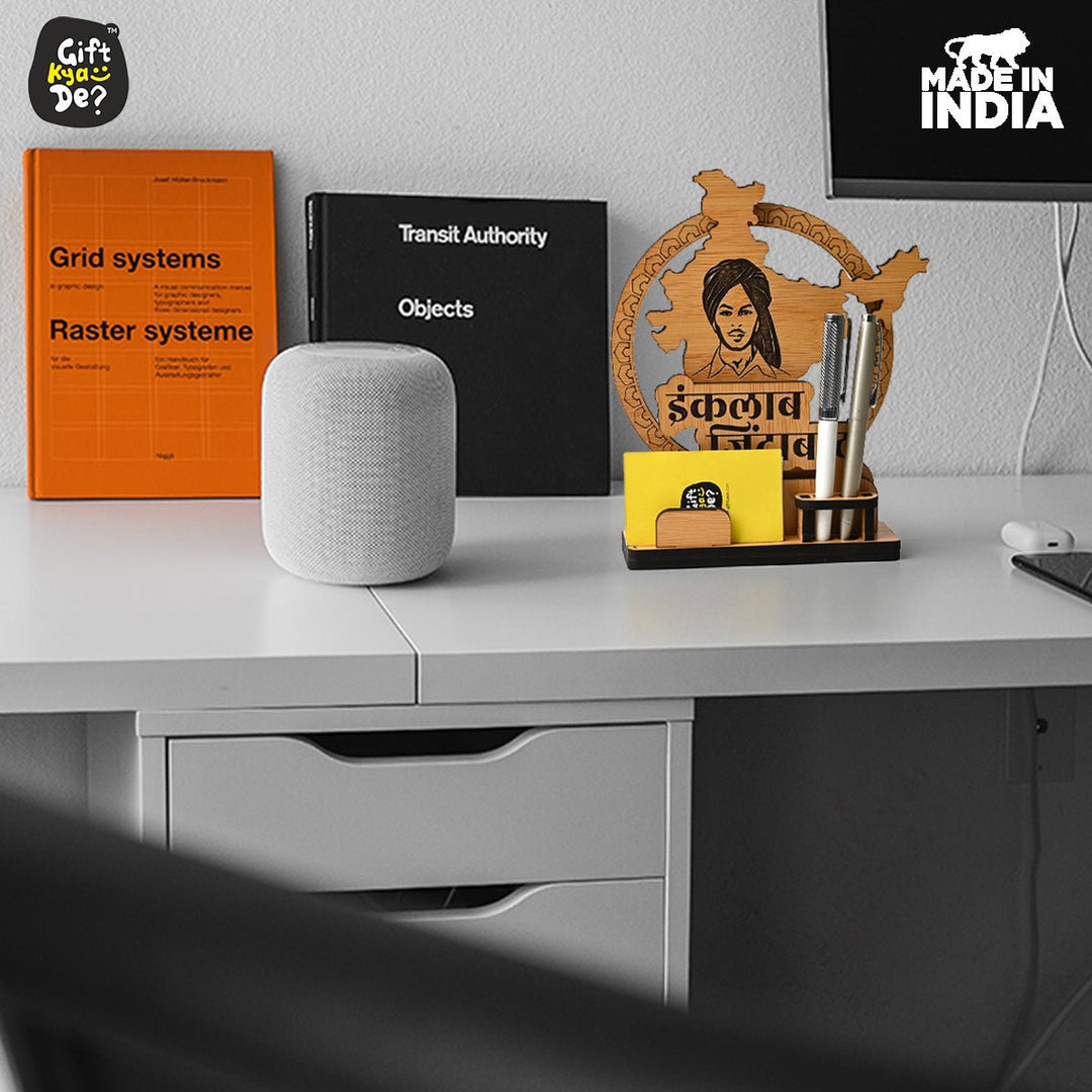 Gift Kya De Political Pen Stand and Card Holder | Gandhi Ji, Ambedkar Ji & Bhagat Singh Ji  | Wise Quotes | Mementos