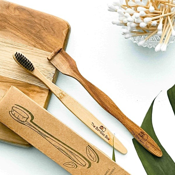 Natural Dental Kit | Bamboo Toothbrush + Neem Tongue Cleaner Combo | Natural Oral Care Essentials