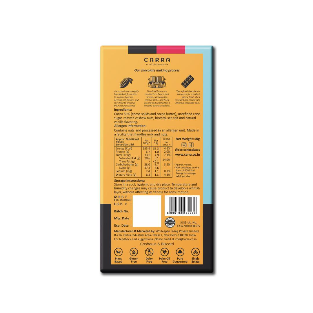 CARRA 55% Dark Chocolate Bars - Sea Salt & California Almonds, Cashews & Cranberries and Cashews & Biscotti (Pack of 3)