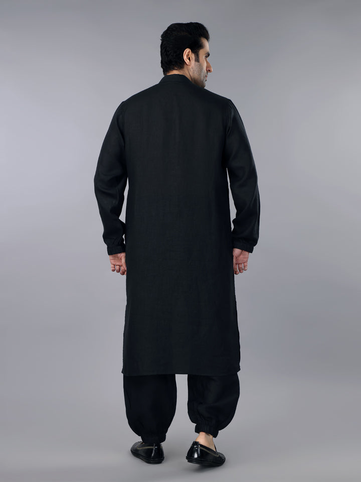 Gothilo Pitch Black Linen Zipper Kurta & Jogger Pant Set