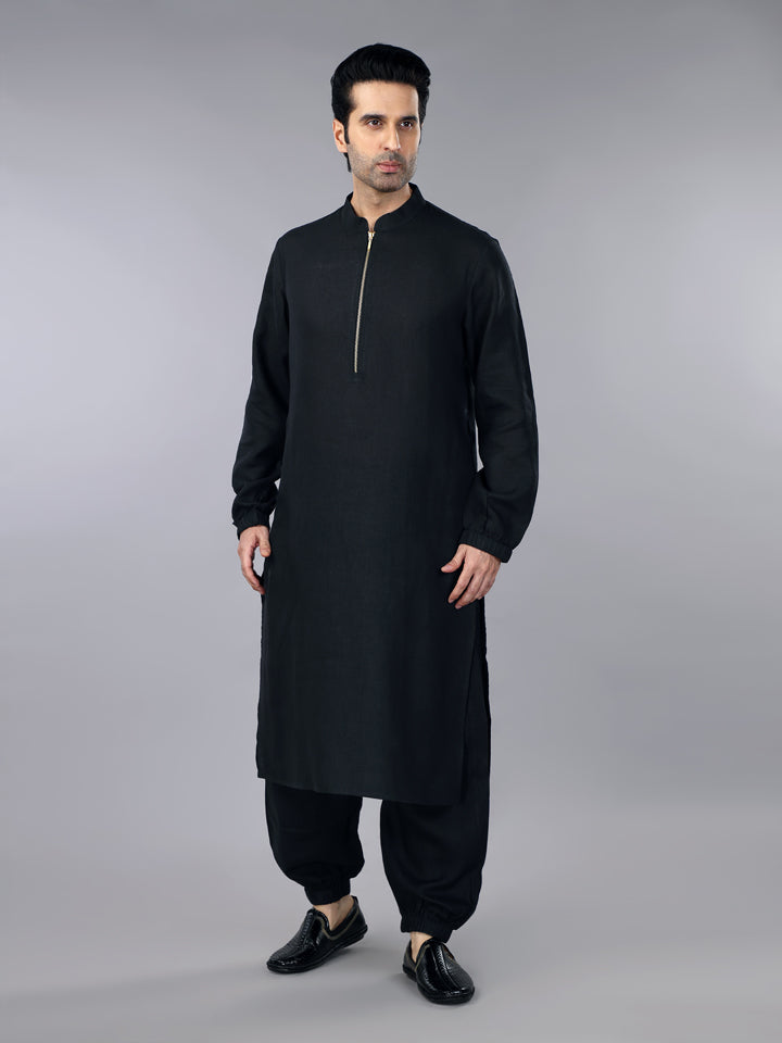 Gothilo Pitch Black Linen Zipper Kurta & Jogger Pant Set