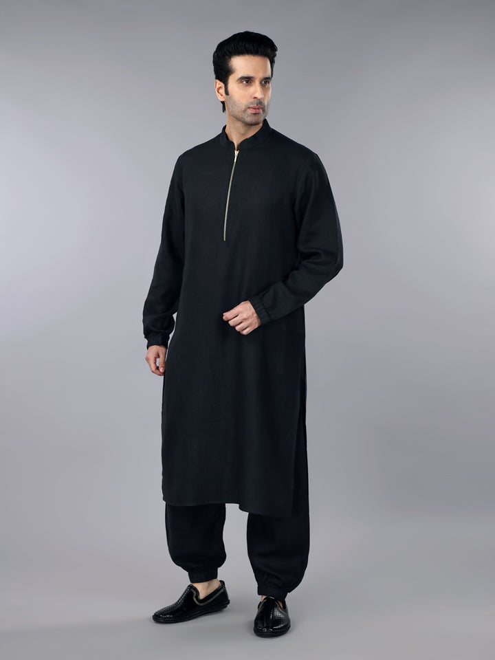 Gothilo Pitch Black Linen Zipper Kurta & Jogger Pant Set