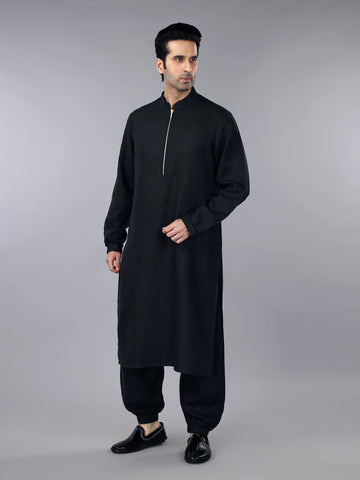 Gothilo Pitch Black Linen Zipper Kurta & Jogger Pant Set