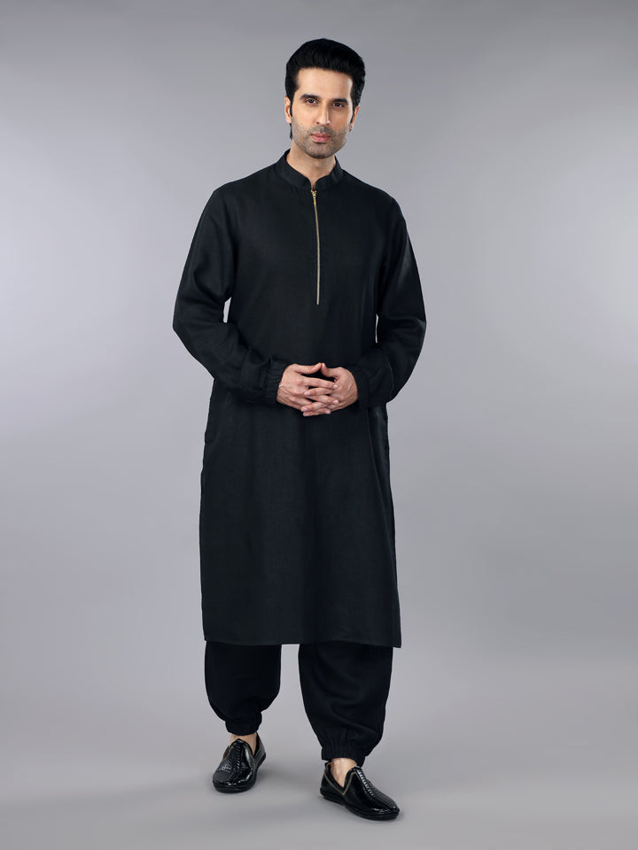 Gothilo Pitch Black Linen Zipper Kurta & Jogger Pant Set