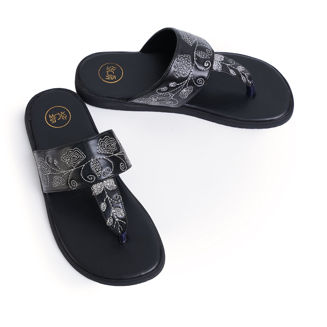 T-Rad Intricate Floral Embroidery Sandals - Black