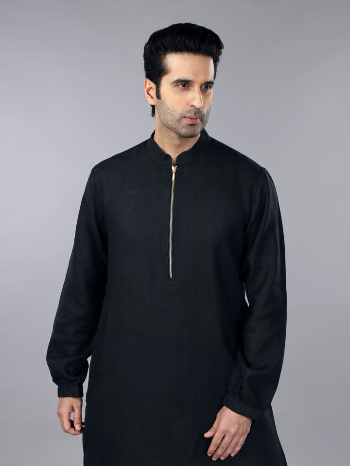 Gothilo Pitch Black Linen Zipper Kurta & Jogger Pant Set