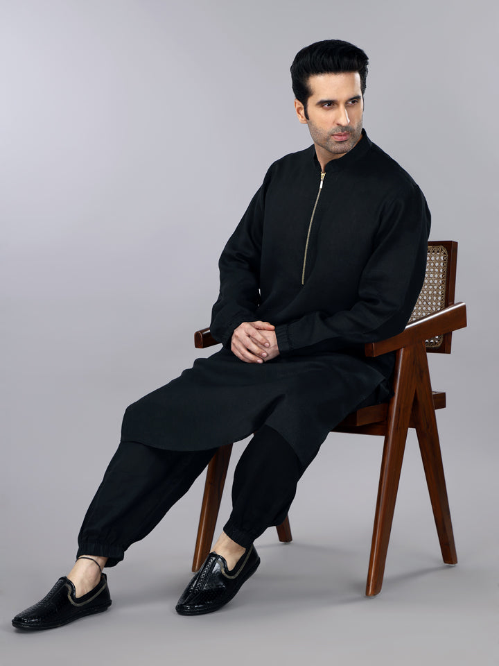 Gothilo Pitch Black Linen Zipper Kurta & Jogger Pant Set