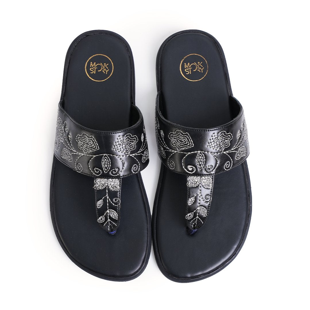 T-Rad Intricate Floral Embroidery Sandals - Black