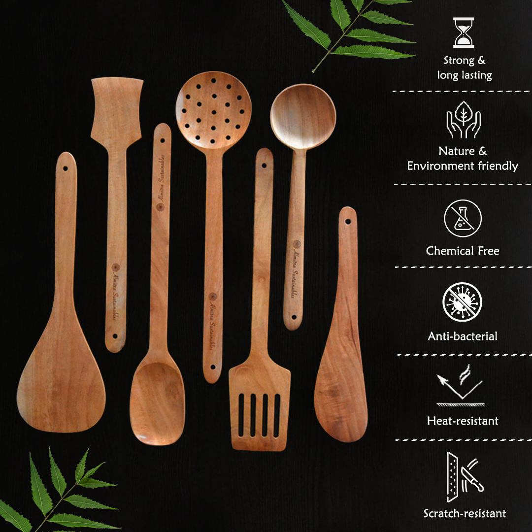 Almitra Sustainables Neem Wood Kitchen Ladle Set ( Set of 7 )