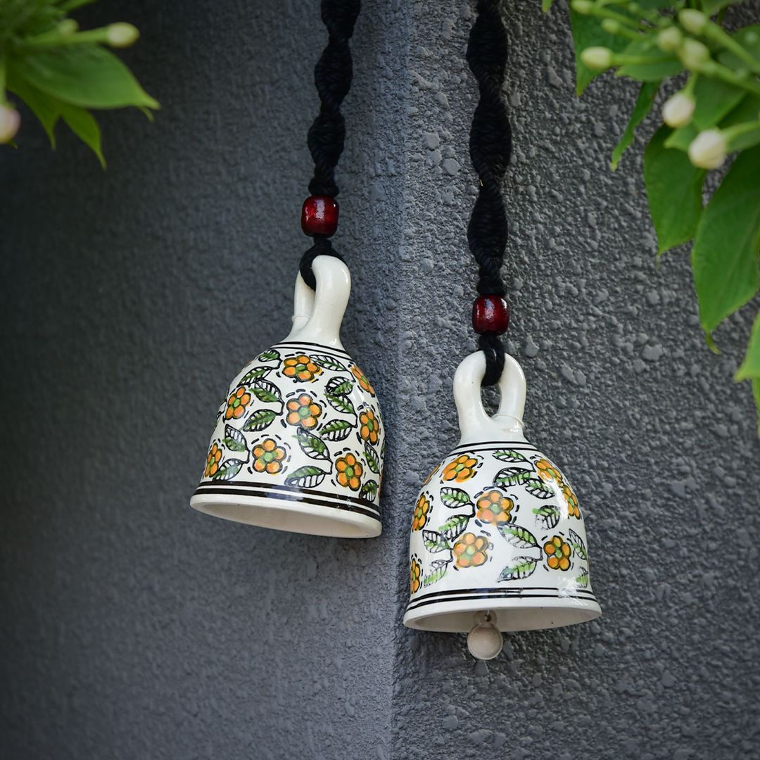 Gathari Macrame Ceramic Home Decor Bells for Home and Office (Set of 2)