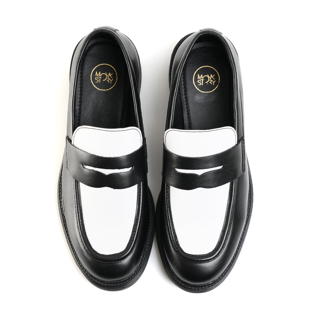 Monkstory Cosmopolitan Contrast Penny Loafers  - Black/White