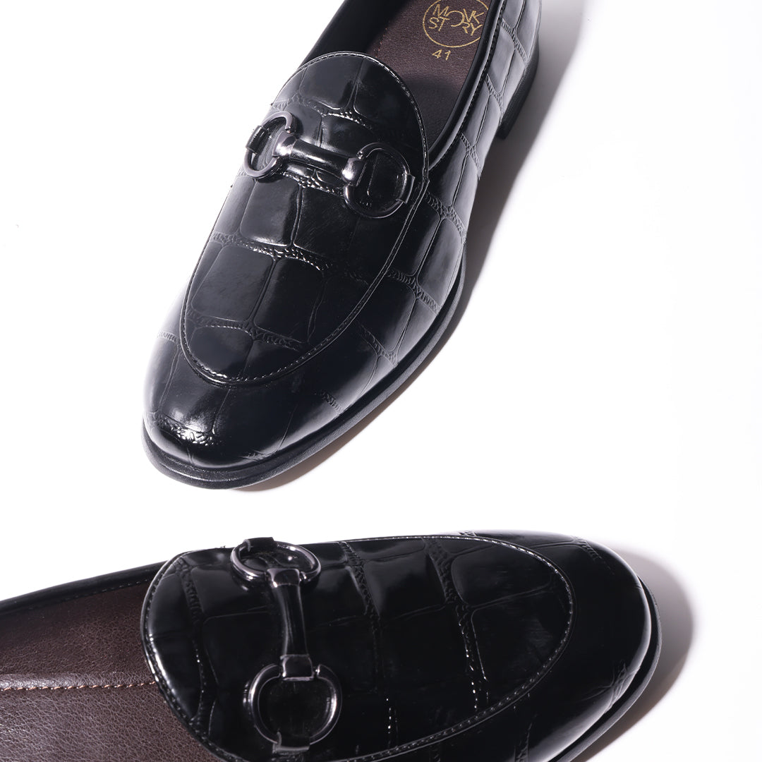 Monkstory Horsebit Smart Croc-Effect Slip-Ons – Black