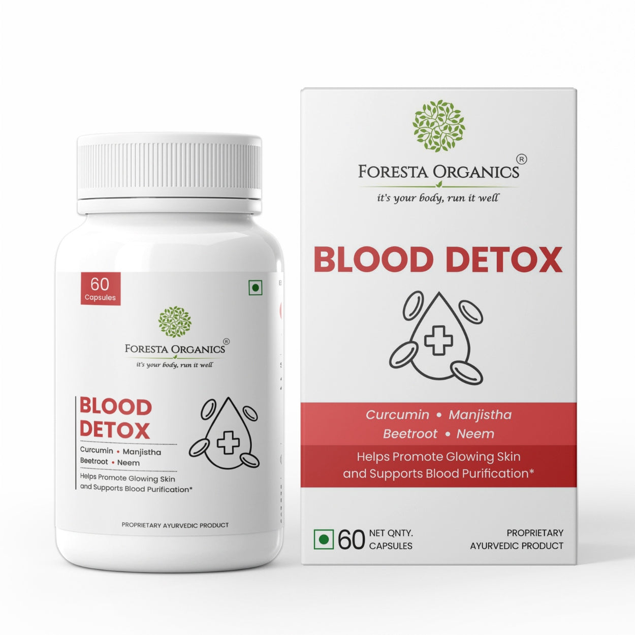 Foresta Organics Blood Detox with Manjistha, Curcumin (Turmeric Extract), Neem,  & Beetroot - 60 Capsules