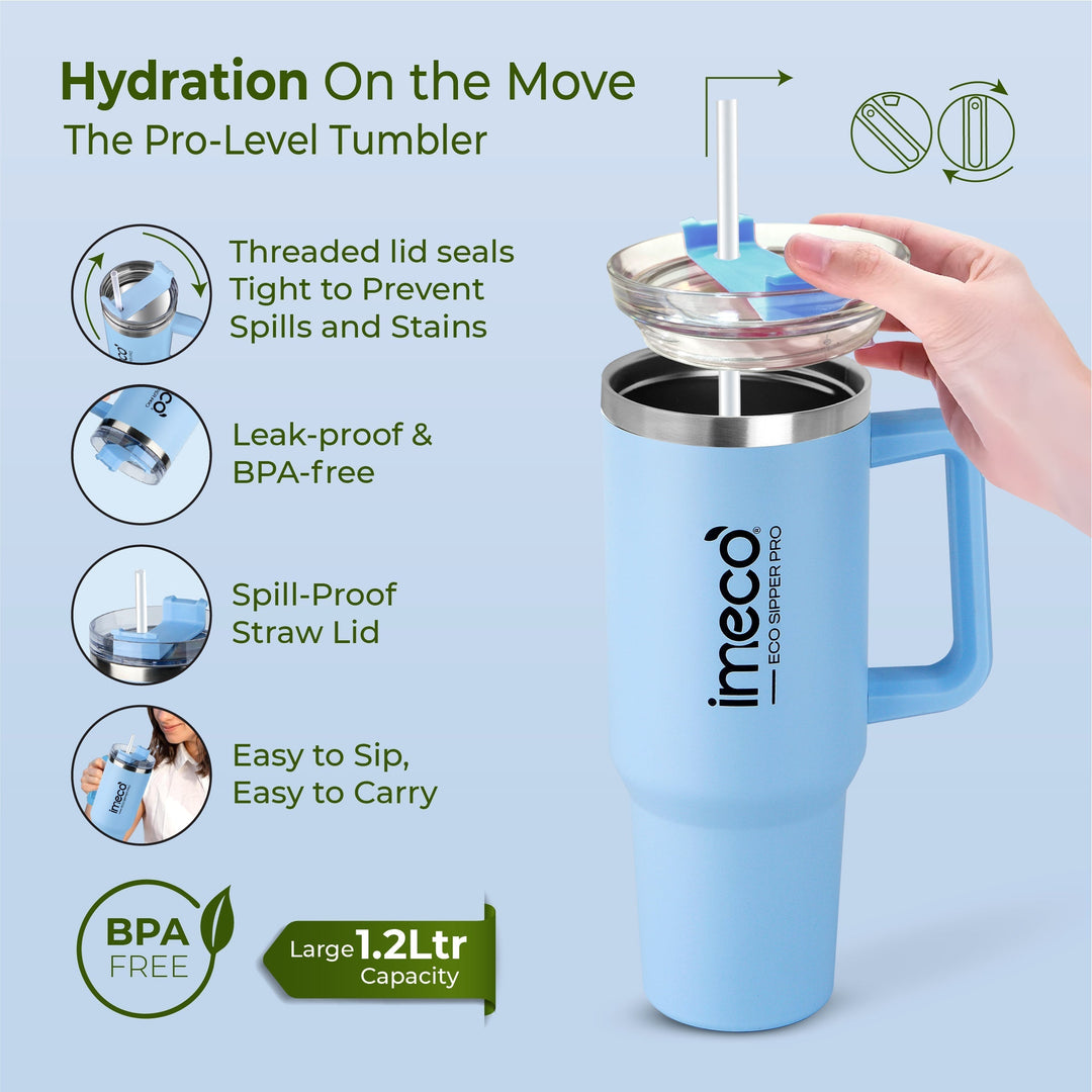 IMECO ECO-SIPPER PRO Insulated Stainless Steel Tumbler - Stylish Cup with Lid & Straw - Leak-Proof & BPA-Free - 1200 ml