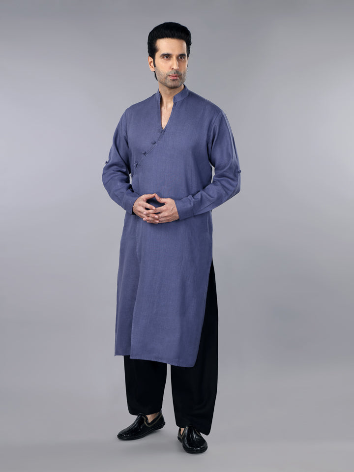 Gothilo Slate Grey Linen Overlap Kurta & Salwar Set
